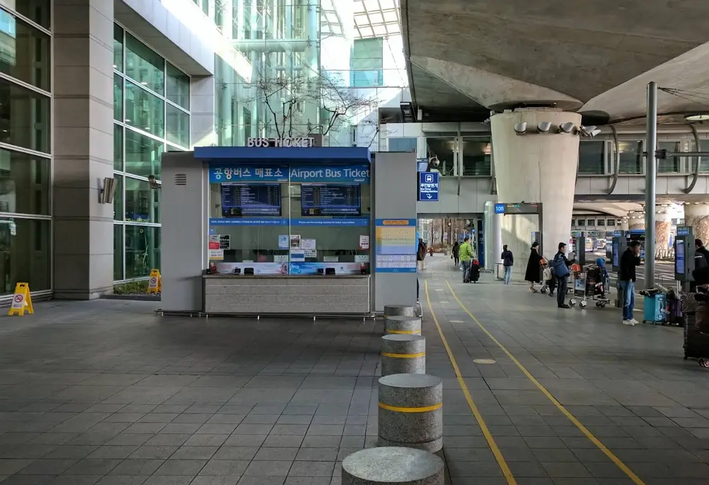 Outdoor Airport Bus Ticket booth and platforms at Incheon International Airport