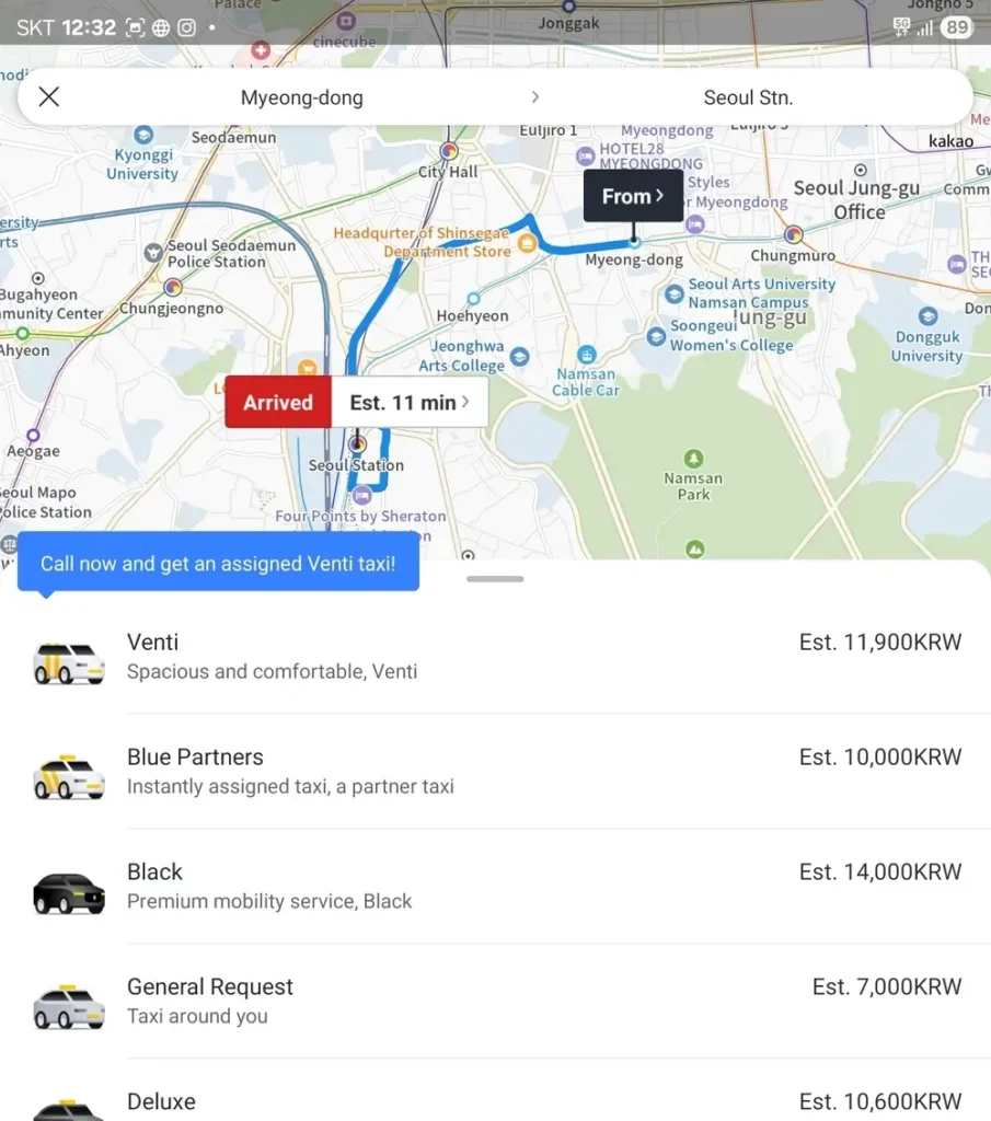 Kakao T taxi app main map interface in English for seoul station pickup