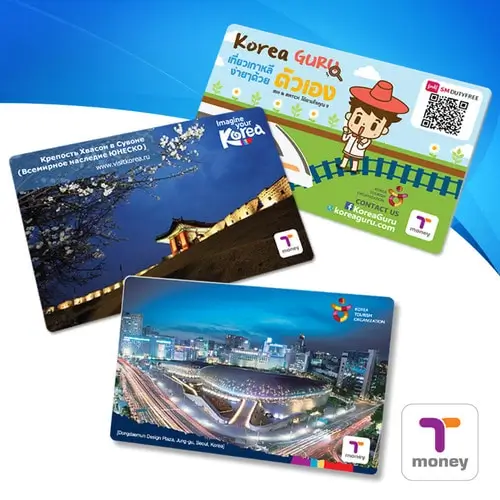 Three different designs of South Korea Tmoney public transit cards for tourists featuring scenic Seoul landmarks and characters