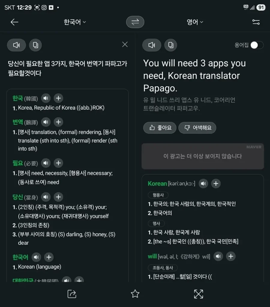 Naver Papago app translation test result showing English to Korean phrases
